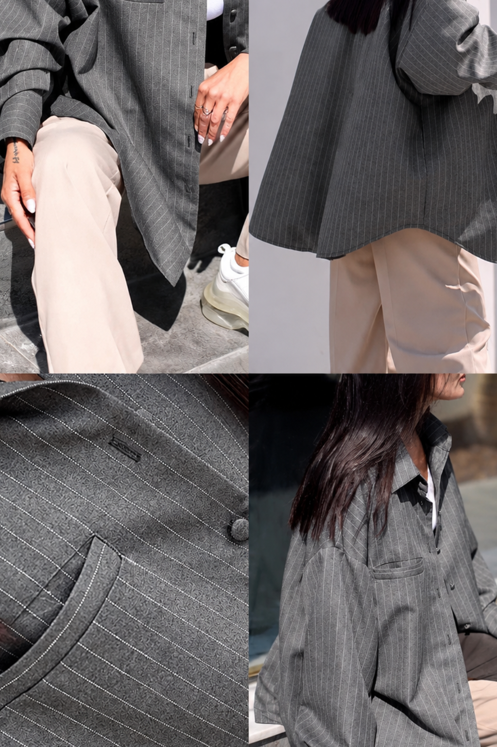 A four-panel collage showing a woman wearing an oversized dark gray pinstriped button-up shirt with beige pants in outdoor and indoor settings. Close-up panels highlight the fabric texture and pocket details.